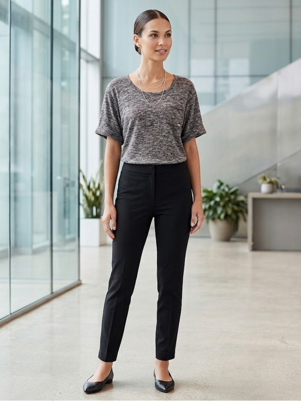 Cato Women's Small Heathered Gray Black Blouse Cuffed Short Sleeve Scoop Neck